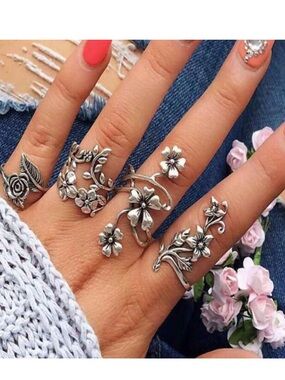 Boho Floral Silver Ring Set - Silver Flower Stackable Rings